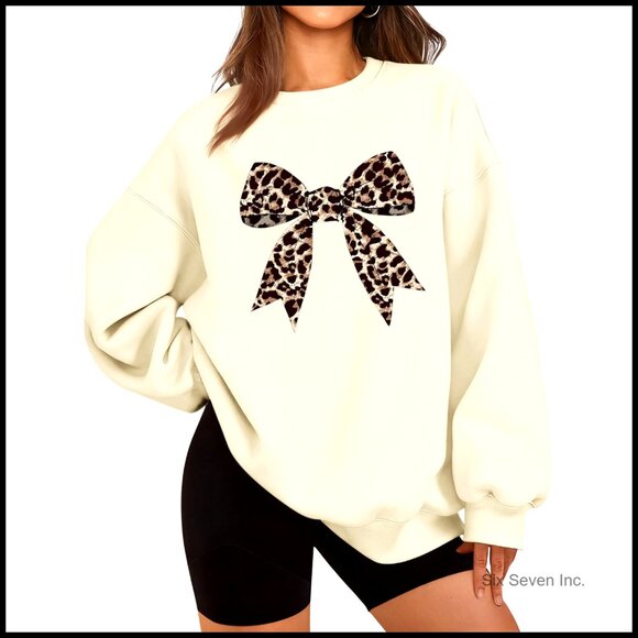 Tops - Leopard Print Bow Graphic Sweatshirt Preppy Pullover Trendy Casual Crewneck